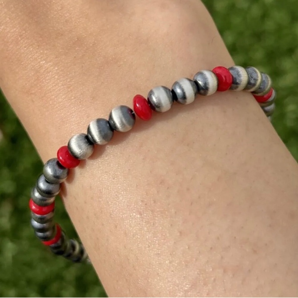 Bamboo Red Coral 6mm 7 Inch 925 Sterling Silver Pearls Bead Bracelet